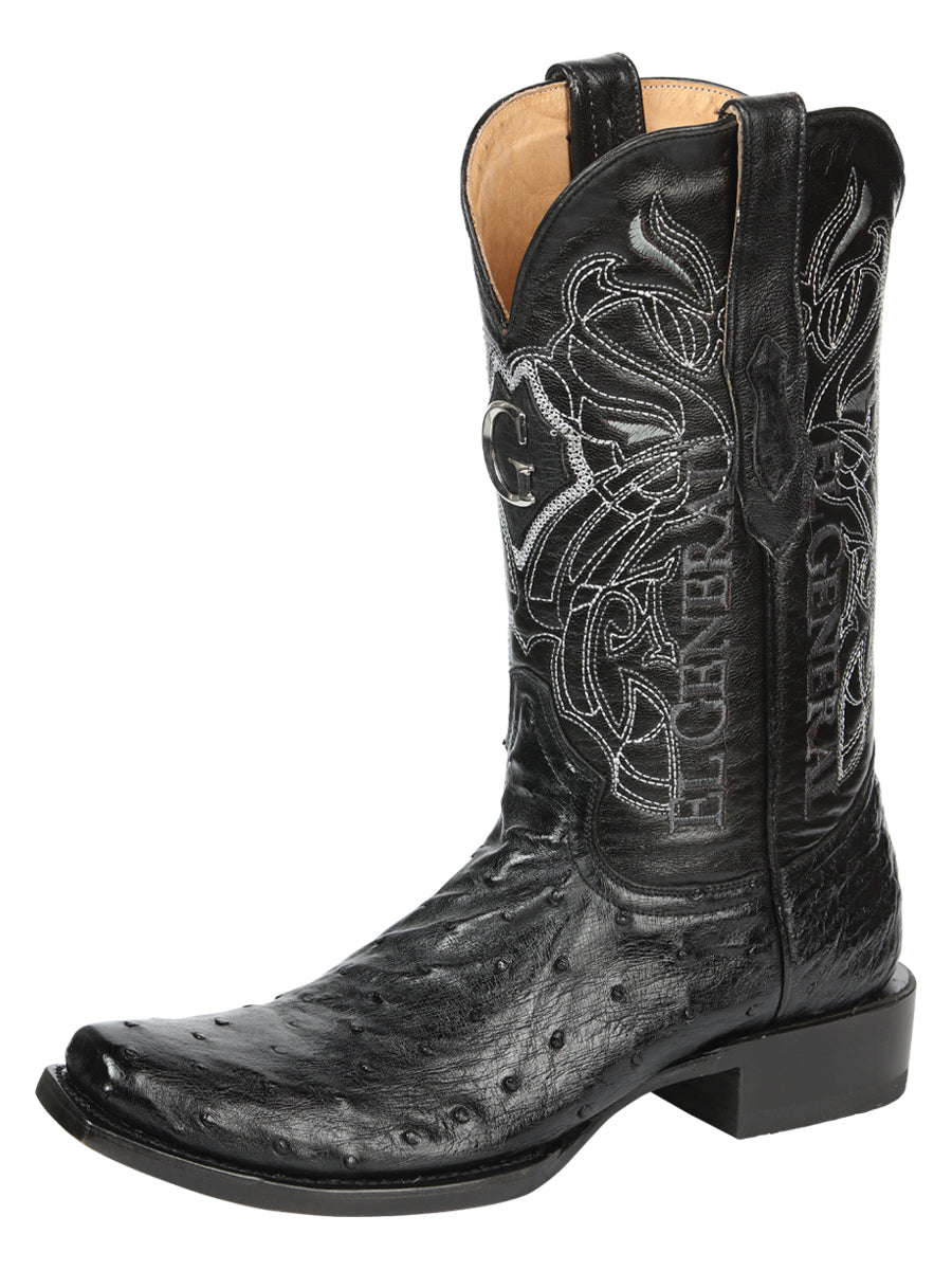 El General Men's Exotic Ostrich Leather Cowboy Boots - Black 45515