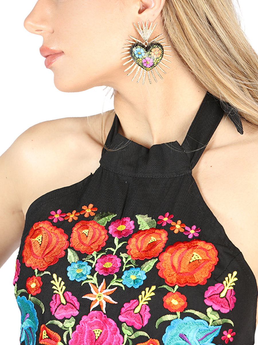 Artisanal Embroidered Dress 100% Cotton Black 604056